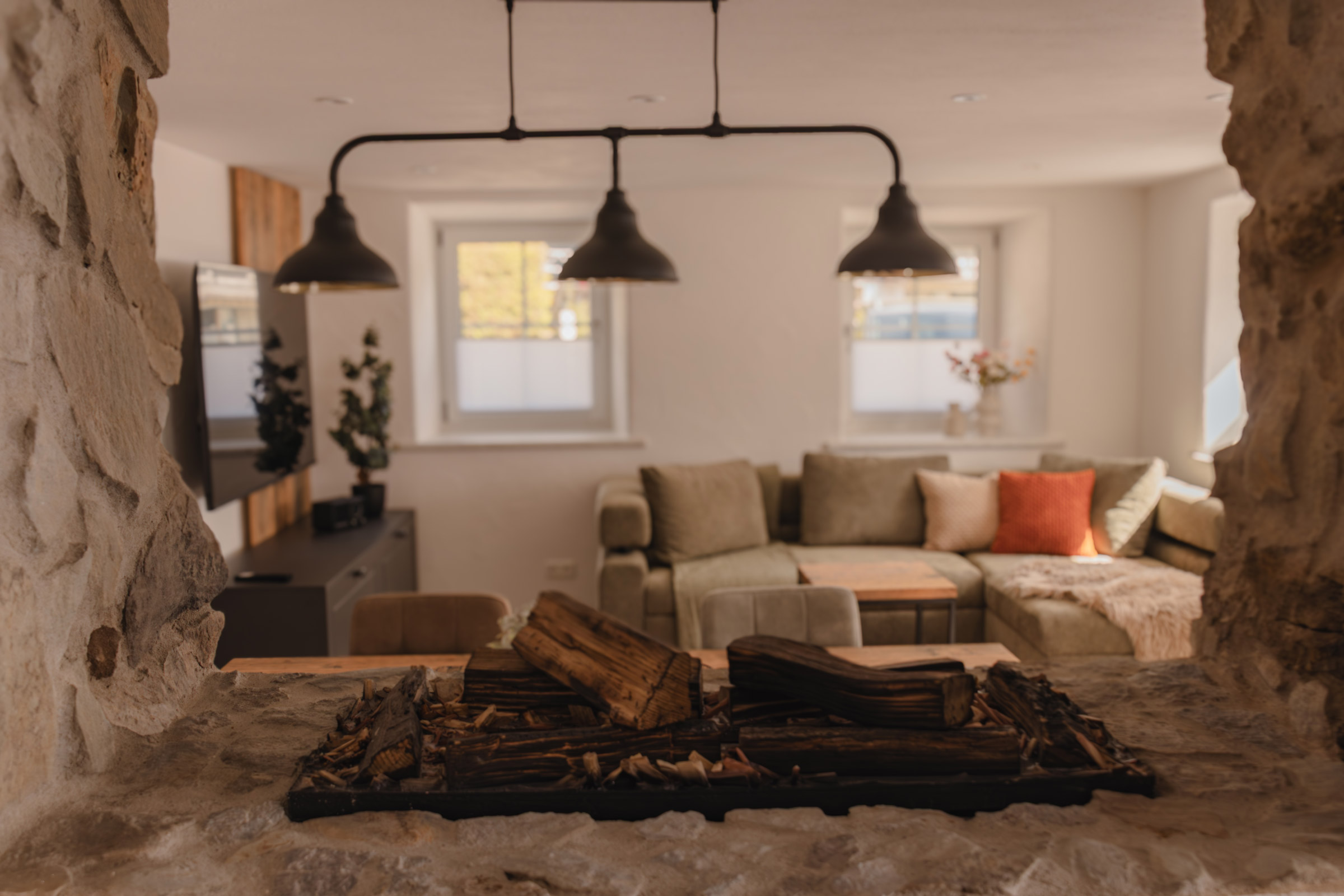 Wohnraum mit Schlafcouch und Smart TV im Chalet Style